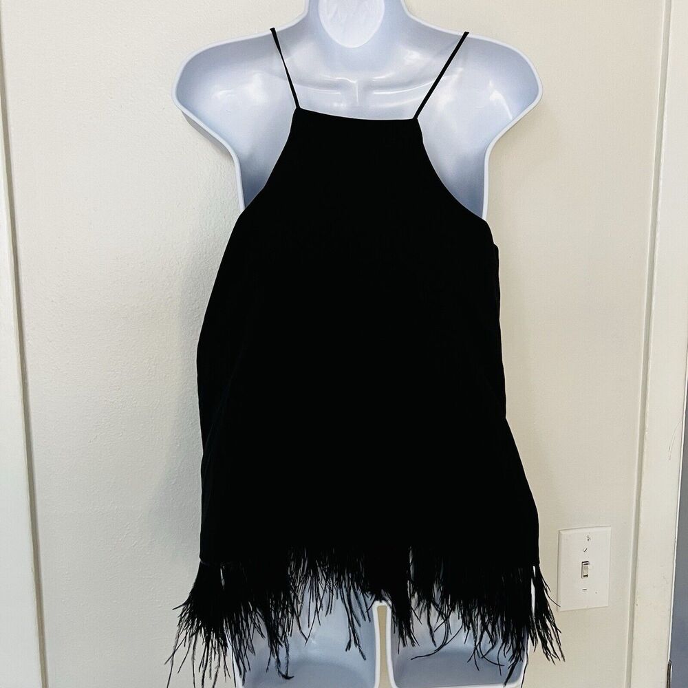 Amaryllis Spaghetti Strap Camisole Feather Trim Blouse Black Small Lined - Picture 2 of 10